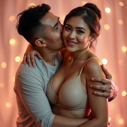 A 39-year-old Indonesian man with pure white skin is affectionately hugging a beautiful 28-year-old woman from behind, kissing her cheek tenderly
