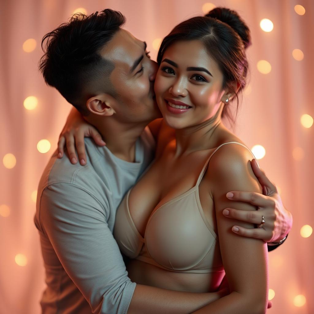 A 39-year-old Indonesian man with pure white skin is affectionately hugging a beautiful 28-year-old woman from behind, kissing her cheek tenderly