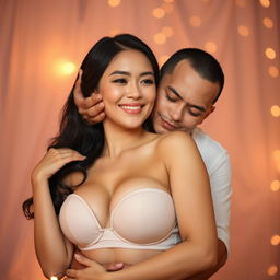 A 39-year-old Indonesian man with pure white skin is affectionately hugging a beautiful 28-year-old woman from behind, kissing her cheek tenderly