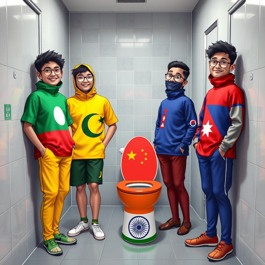 Four individuals standing in a restroom, each wearing unique outfits made entirely of the national flags of Bangladesh, Pakistan, China, and Nepal respectively