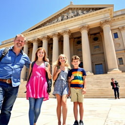 A joyful family on a trip, standing together in front of a grand and historic building