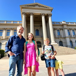 A joyful family on a trip, standing together in front of a grand and historic building