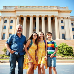 A joyful family on a trip, standing together in front of a grand and historic building