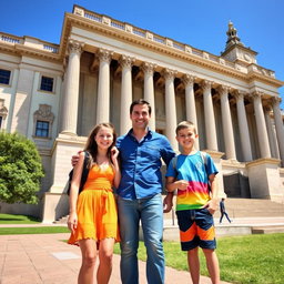 A joyful family on a trip, standing together in front of a grand and historic building