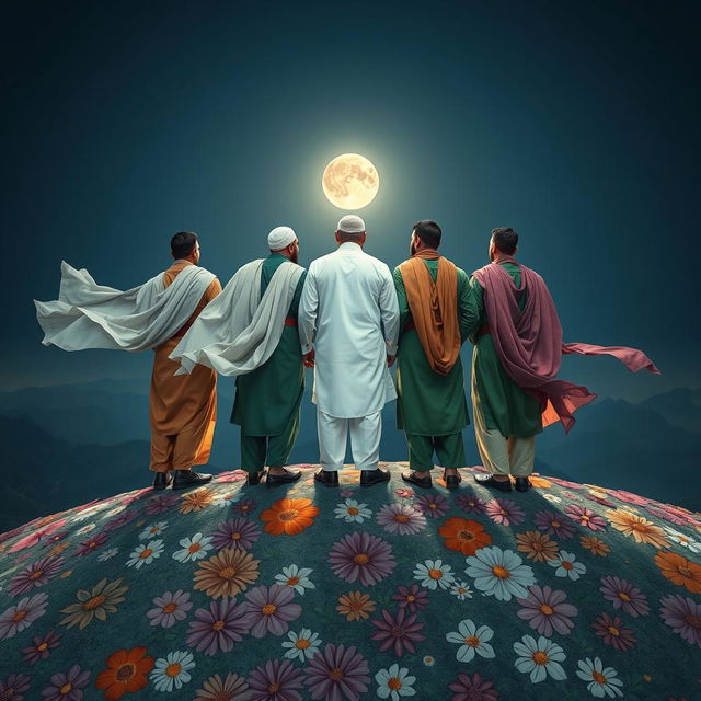 Five men standing on a mountain covered in beautifully drawn flowers, one of them dressed in white traditional Islamic attire, while the other four are wearing old Islamic green outfits
