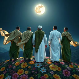 Five men standing on a mountain covered in beautifully drawn flowers, one of them dressed in white traditional Islamic attire, while the other four are wearing old Islamic green outfits