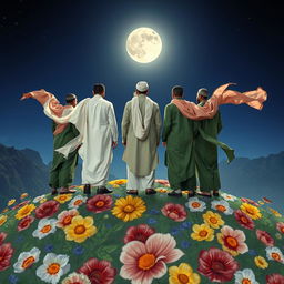 Five men standing on a mountain covered in beautifully drawn flowers, one of them dressed in white traditional Islamic attire, while the other four are wearing old Islamic green outfits
