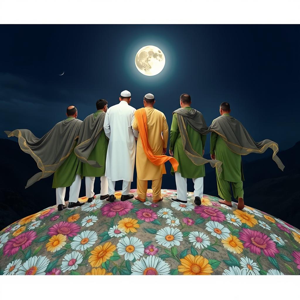 Five men standing on a mountain covered in beautifully drawn flowers, one of them dressed in white traditional Islamic attire, while the other four are wearing old Islamic green outfits