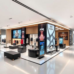 A modern fashion showroom booth design measuring 10 x 10 meters in an open space