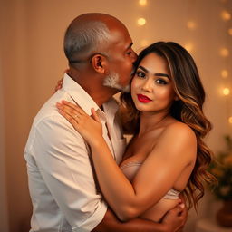 A 39-year-old Indonesian man with pure white skin is affectionately hugging a beautiful 28-year-old woman from behind, kissing her cheek softly