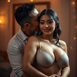 A 39-year-old Indonesian man with pure white skin is affectionately hugging a beautiful 28-year-old woman from behind, kissing her cheek softly