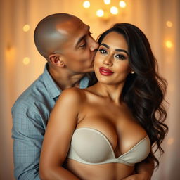 A 39-year-old Indonesian man with pure white skin is affectionately hugging a beautiful 28-year-old woman from behind, kissing her cheek softly