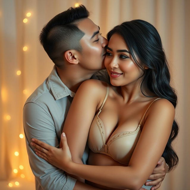 A 39-year-old Indonesian man with pure white skin is affectionately hugging a beautiful 28-year-old woman from behind, kissing her cheek softly