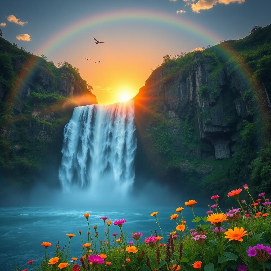 A majestic scene of a waterfall cascading down rugged cliffs, surrounded by lush green foliage