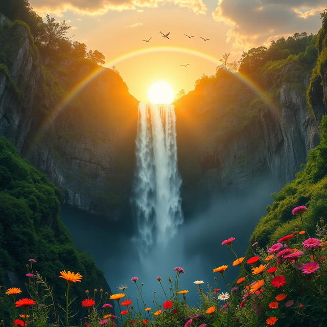 A majestic scene of a waterfall cascading down rugged cliffs, surrounded by lush green foliage