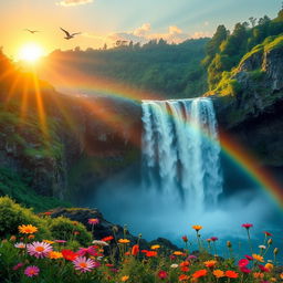 A majestic scene of a waterfall cascading down rugged cliffs, surrounded by lush green foliage