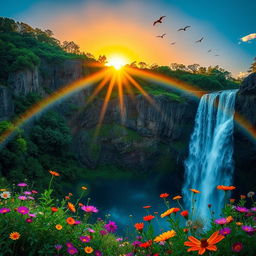 A majestic scene of a waterfall cascading down rugged cliffs, surrounded by lush green foliage