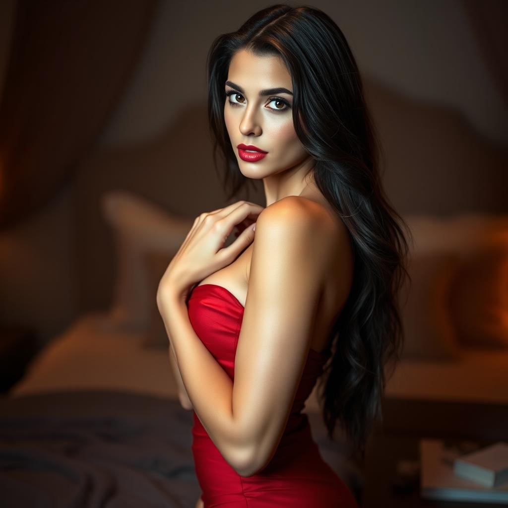 A stunning brunette woman in a seductive pose, wearing a form-fitting red dress that highlights her curves