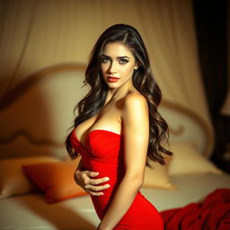 A stunning brunette woman in a seductive pose, wearing a form-fitting red dress that highlights her curves
