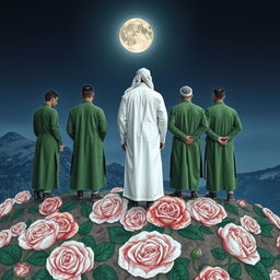 Five men standing on a mountain covered with beautifully drawn roses