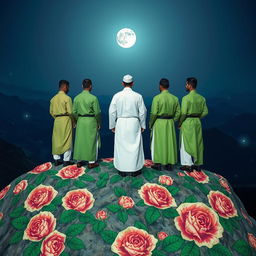 Five men standing on a mountain covered with beautifully drawn roses