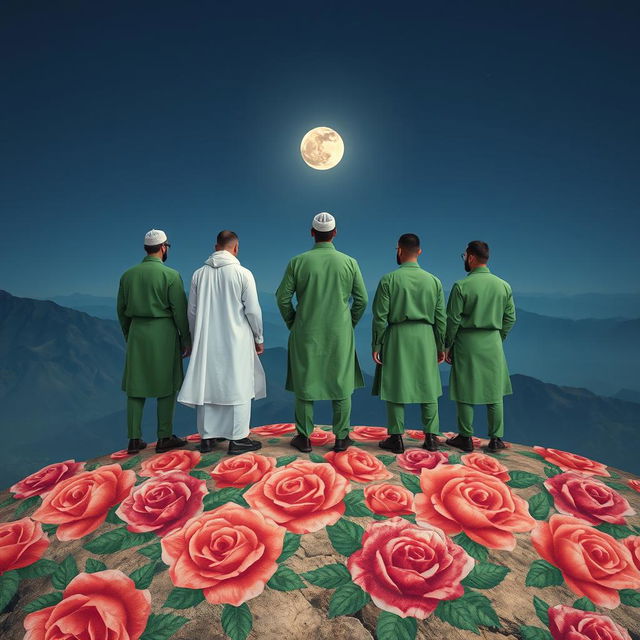 Five men standing on a mountain covered with beautifully drawn roses