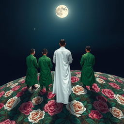 Five men standing on a mountain covered with beautifully drawn roses
