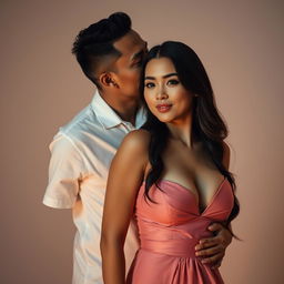 A 39-year-old Indonesian man with pure white skin is affectionately hugging a beautiful 28-year-old woman from behind, kissing her cheek gently