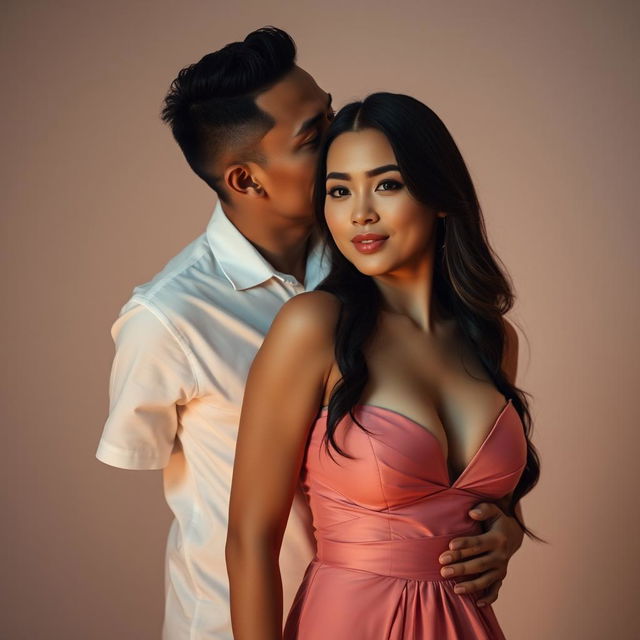 A 39-year-old Indonesian man with pure white skin is affectionately hugging a beautiful 28-year-old woman from behind, kissing her cheek gently