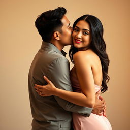 A 39-year-old Indonesian man with pure white skin is affectionately hugging a beautiful 28-year-old woman from behind, kissing her cheek gently