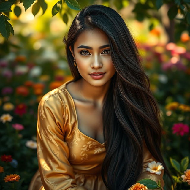 A realistic portrait of a young woman with long, flowing dark hair, wearing a beautiful golden dress adorned with floral patterns