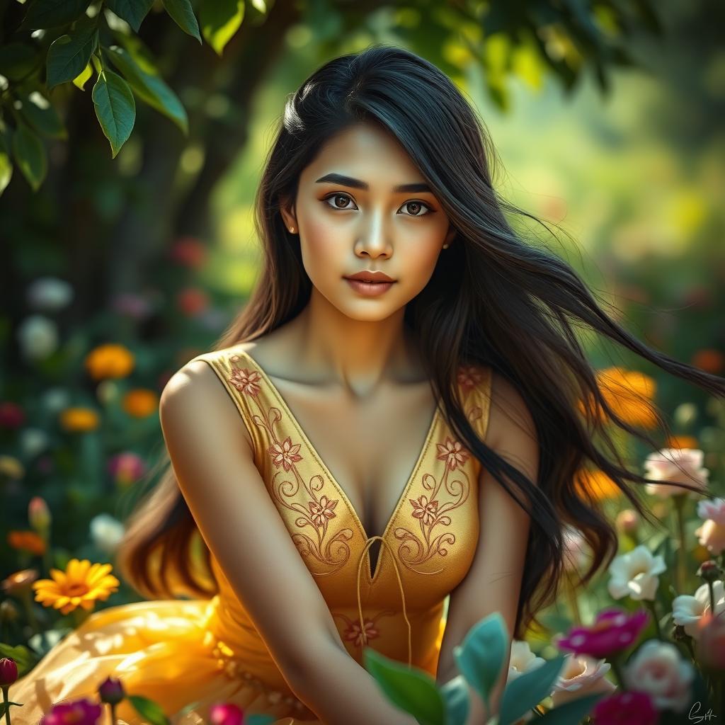 A realistic portrait of a young woman with long, flowing dark hair, wearing a beautiful golden dress adorned with floral patterns