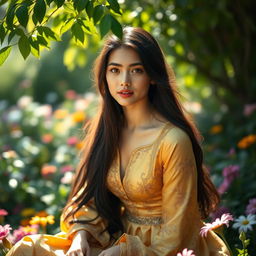 A realistic portrait of a young woman with long, flowing dark hair, wearing a beautiful golden dress adorned with floral patterns