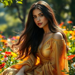 A realistic portrait of a young woman with long, flowing dark hair, wearing a beautiful golden dress adorned with floral patterns