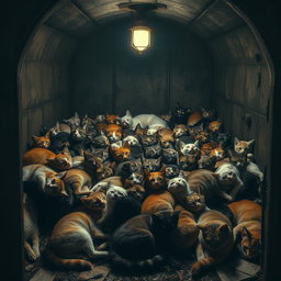 A dimly lit vault filled with a chaotic pile of lifeless cats, their fur in a variety of colors and patterns, some with eerie expressions