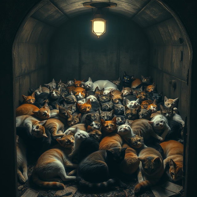 A dimly lit vault filled with a chaotic pile of lifeless cats, their fur in a variety of colors and patterns, some with eerie expressions