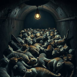 A dimly lit vault filled with a chaotic pile of lifeless cats, their fur in a variety of colors and patterns, some with eerie expressions