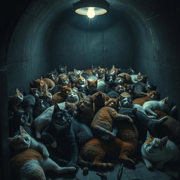 A dimly lit vault filled with a chaotic pile of lifeless cats, their fur in a variety of colors and patterns, some with eerie expressions