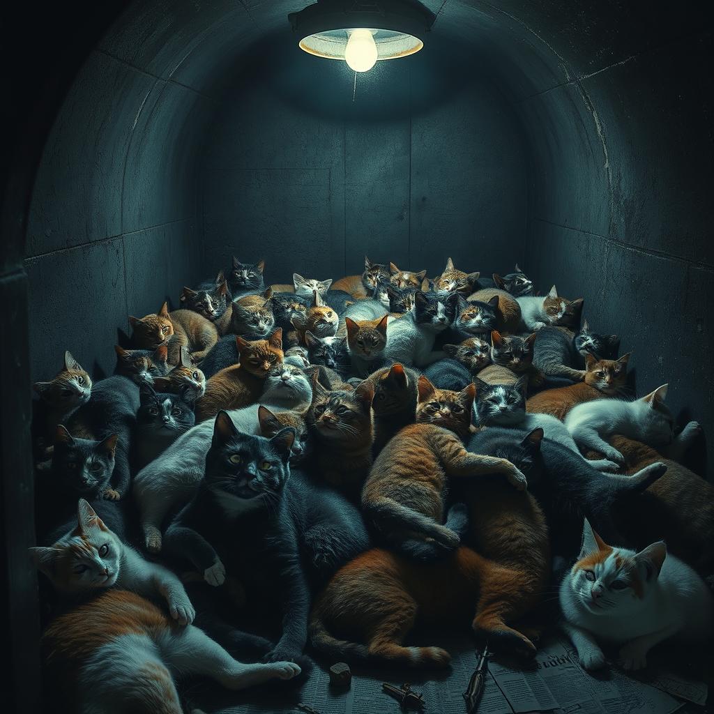 A dimly lit vault filled with a chaotic pile of lifeless cats, their fur in a variety of colors and patterns, some with eerie expressions