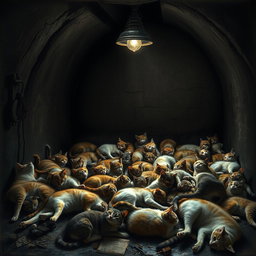 A dimly lit vault filled with a chaotic pile of lifeless cats, their fur in a variety of colors and patterns, some with eerie expressions