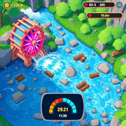 An arcade game scene featuring a vibrant water wheel situated beside a flowing river