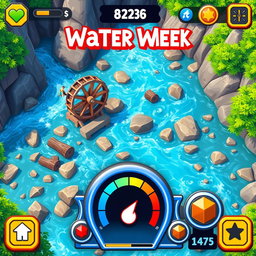 An arcade game scene featuring a vibrant water wheel situated beside a flowing river