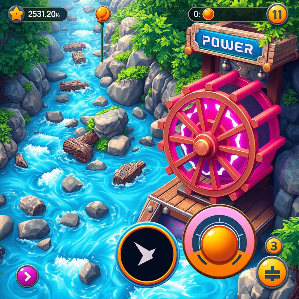 An arcade game scene featuring a vibrant water wheel situated beside a flowing river