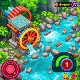An arcade game scene featuring a vibrant water wheel situated beside a flowing river