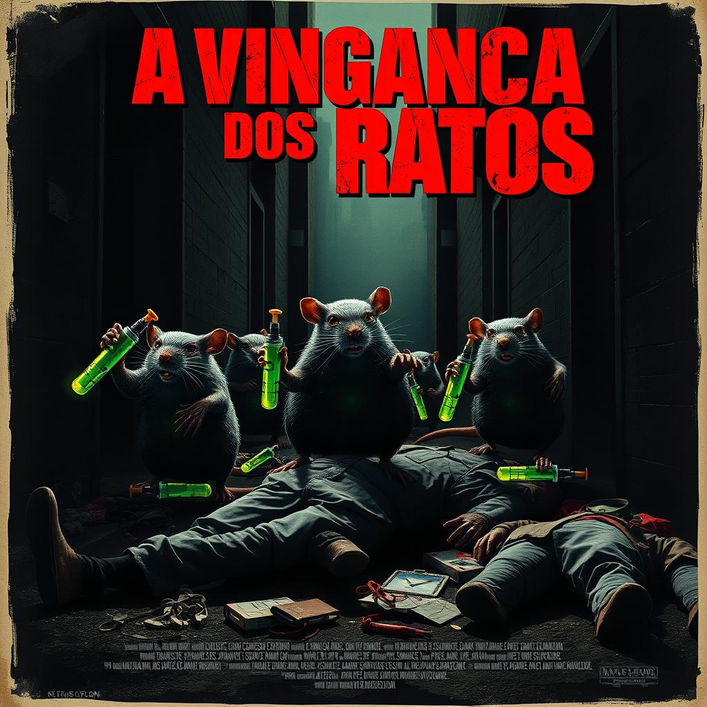 A movie poster depicting menacing, oversized rats as assassins, holding syringes filled with bright green poison in their claws, standing over fallen, lifeless humans, set in a dark and gritty urban alleyway