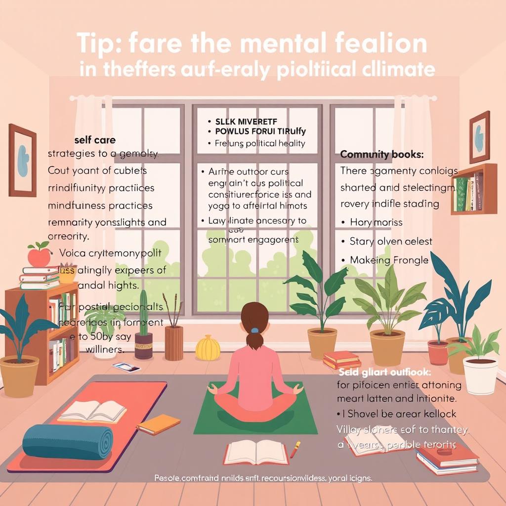 Tips for maintaining mental health in the current political climate, including self-care strategies, mindfulness practices, and community engagement