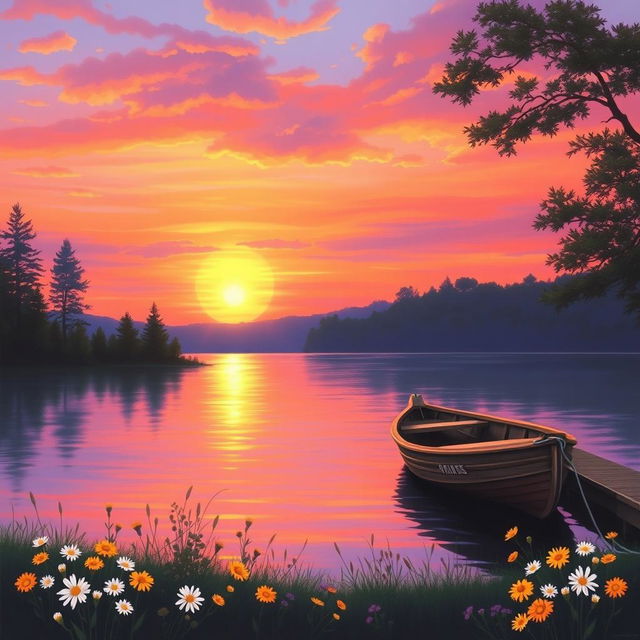 A serene landscape painting depicting a vibrant sunset over a tranquil lake