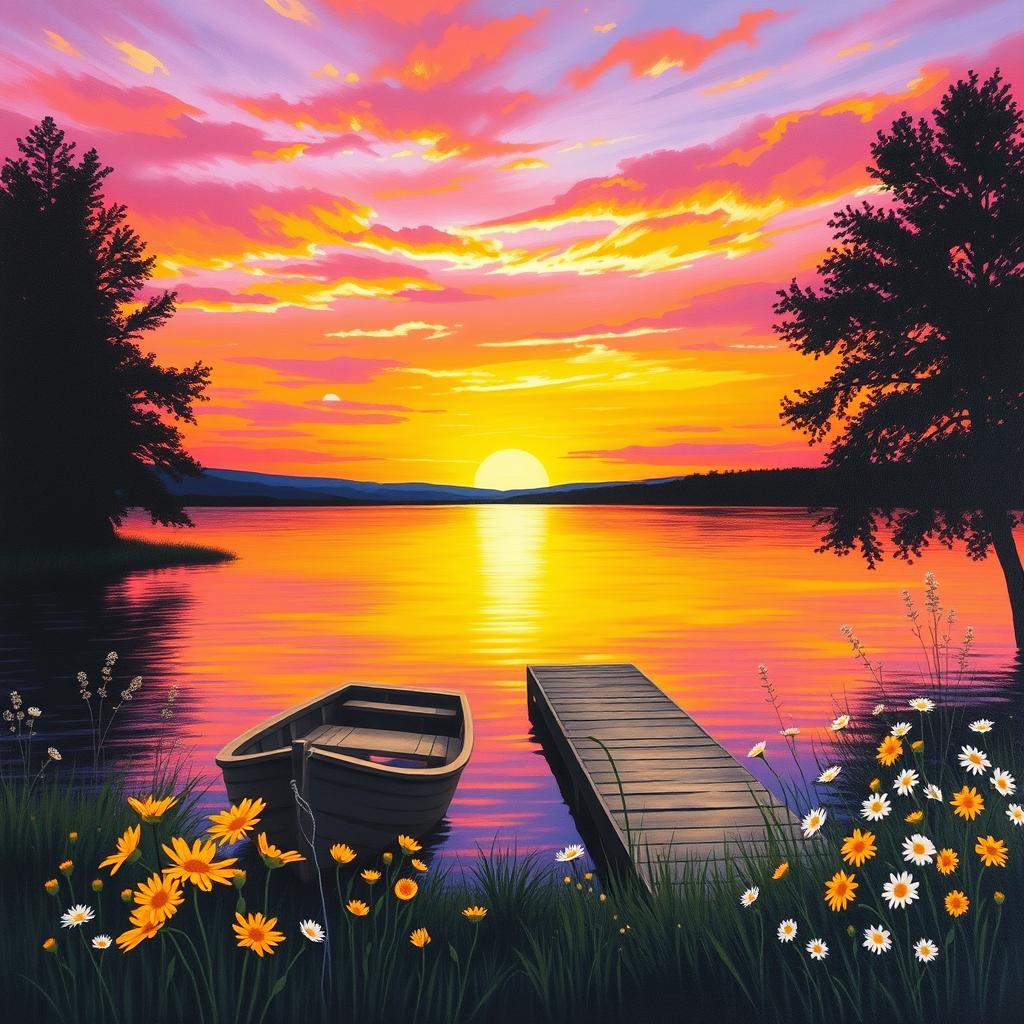 A serene landscape painting depicting a vibrant sunset over a tranquil lake