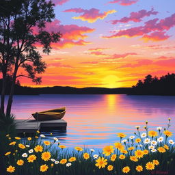 A serene landscape painting depicting a vibrant sunset over a tranquil lake