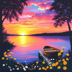 A serene landscape painting depicting a vibrant sunset over a tranquil lake